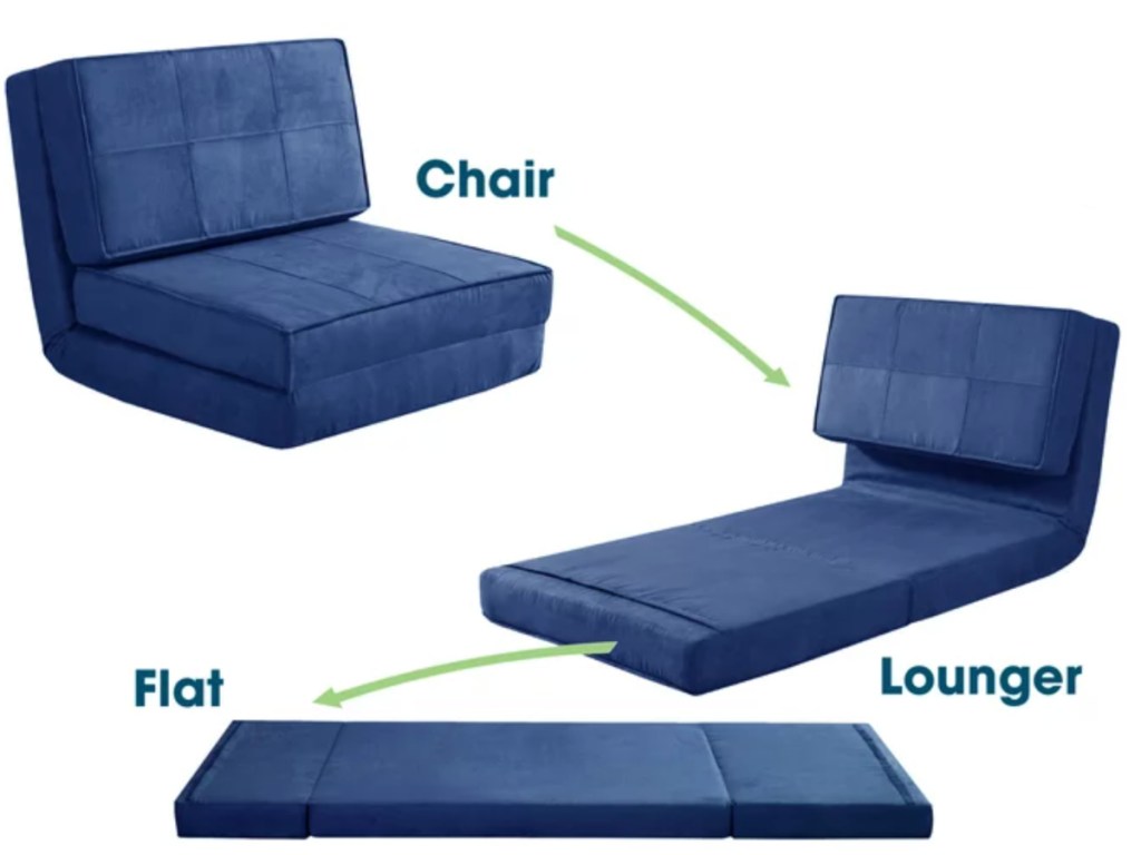 navy blue flip chair in 3 different positions 