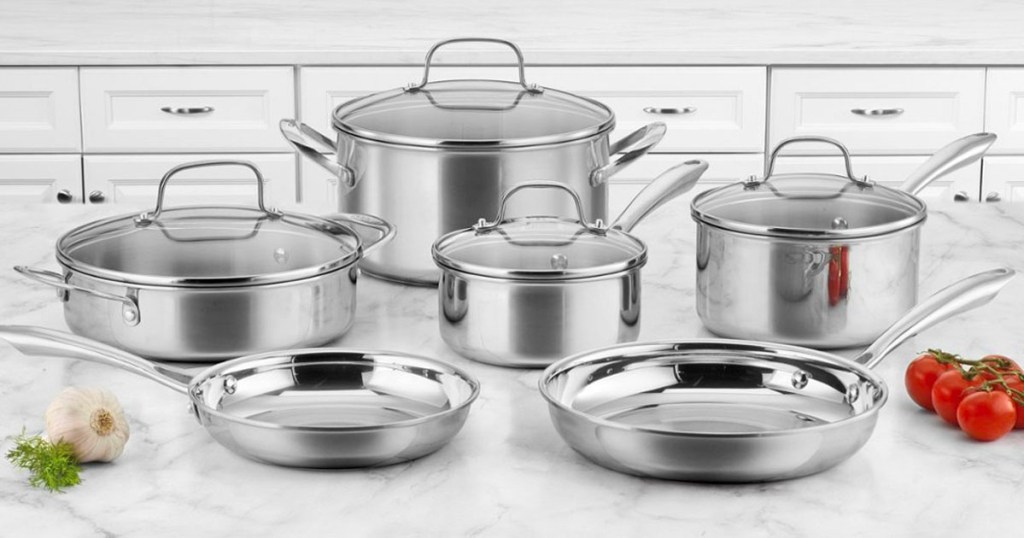 cuisinart stainless steel cookware set on counter