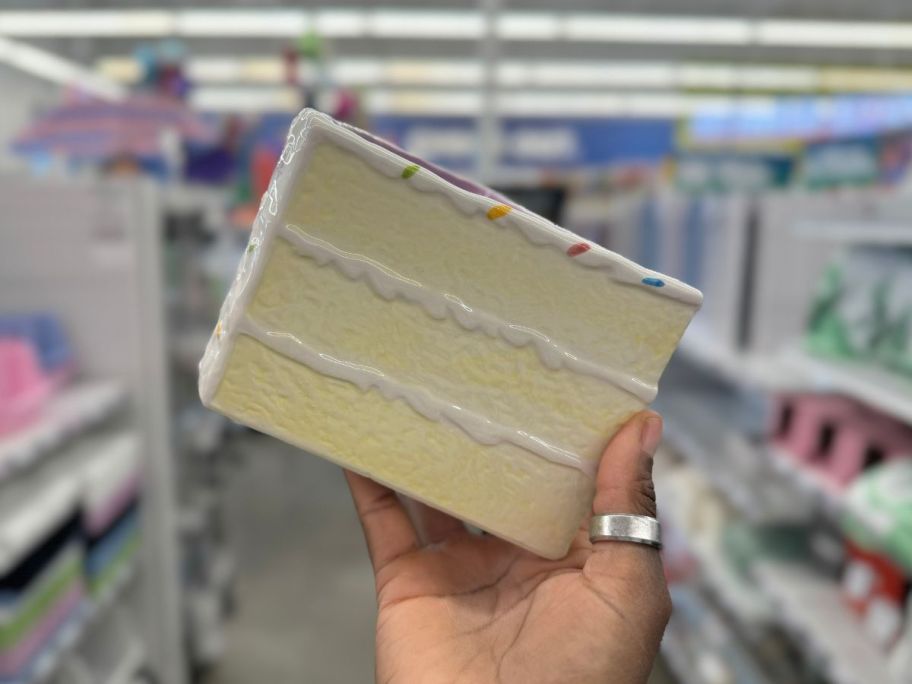 Cake Slice Ceramic Vase being held by hand in store