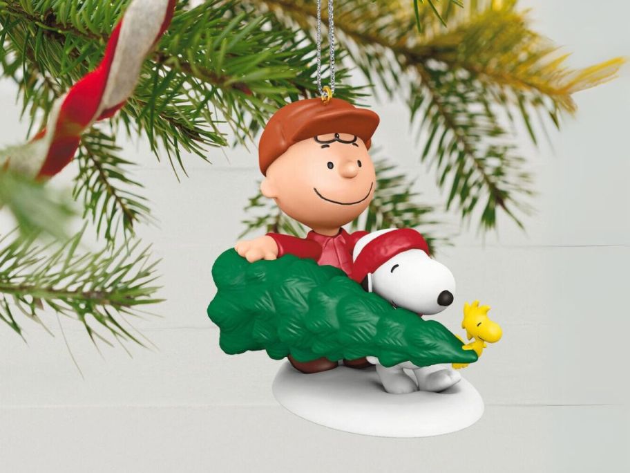 a Charlie Brown, Snoopy, and Woodstock carrying a Christmas Tree Christmas ornament hanging from a tree limb