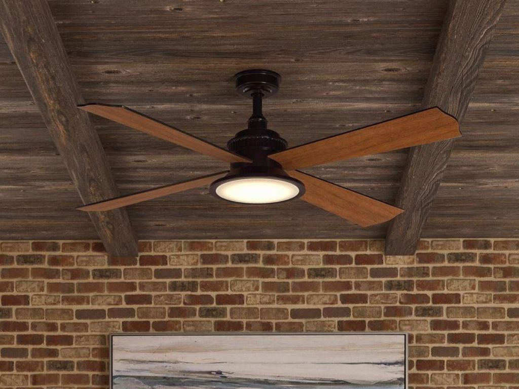 wood ceiling fan with light hanging from wood ceiling 