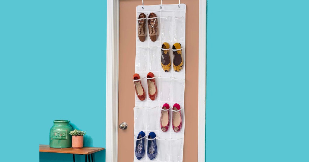 white 24 pocket shoe rack with shoes on door