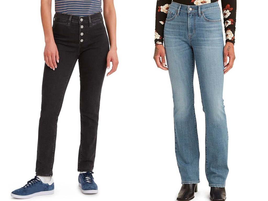 two women wearing black and blue jeans