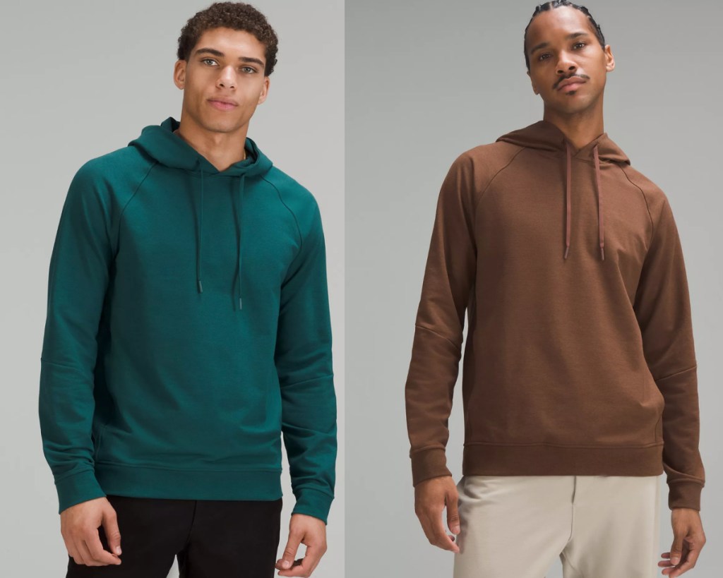 men wearing teal and brown hoodies