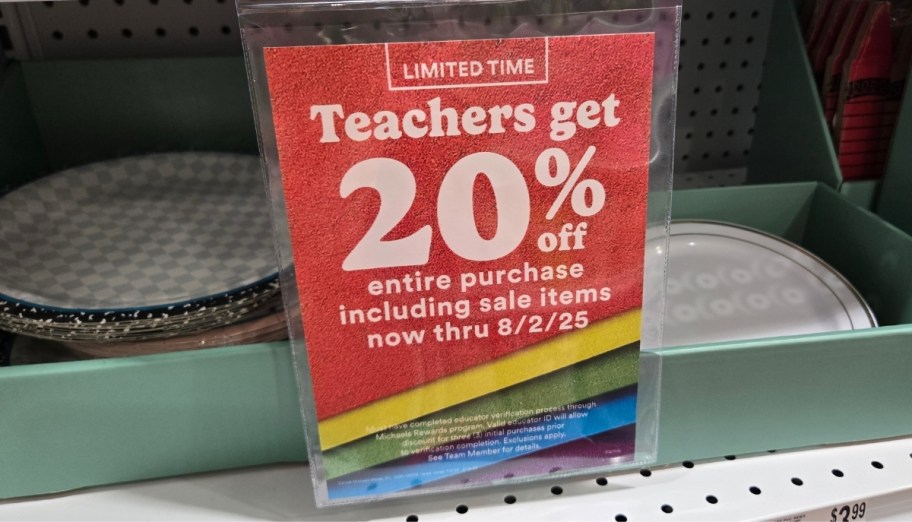 teacher discount signage on a store shelf