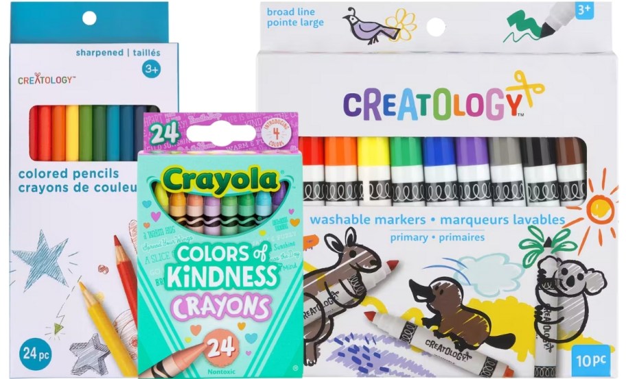 colored pencils, crayons and markers