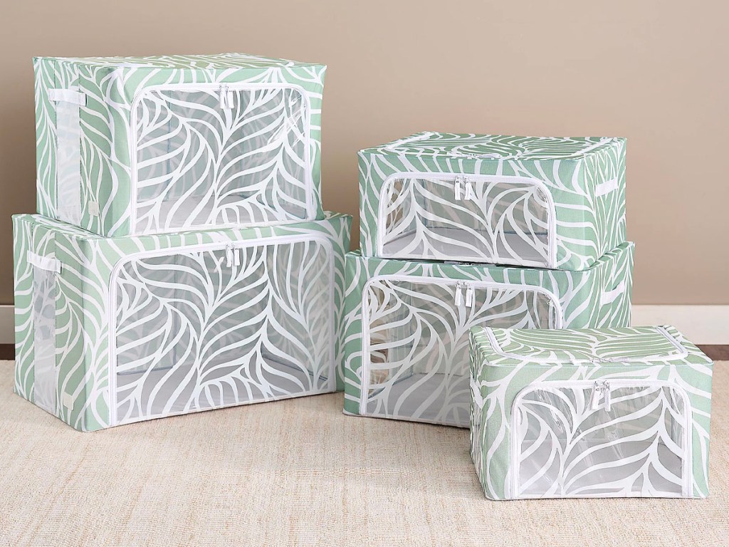 green and white floral storage containers