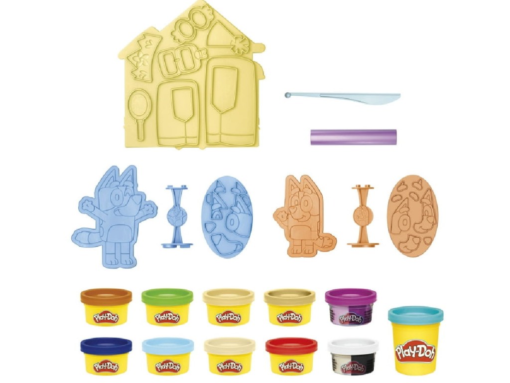 play doh bluey set displayed with all of its tools