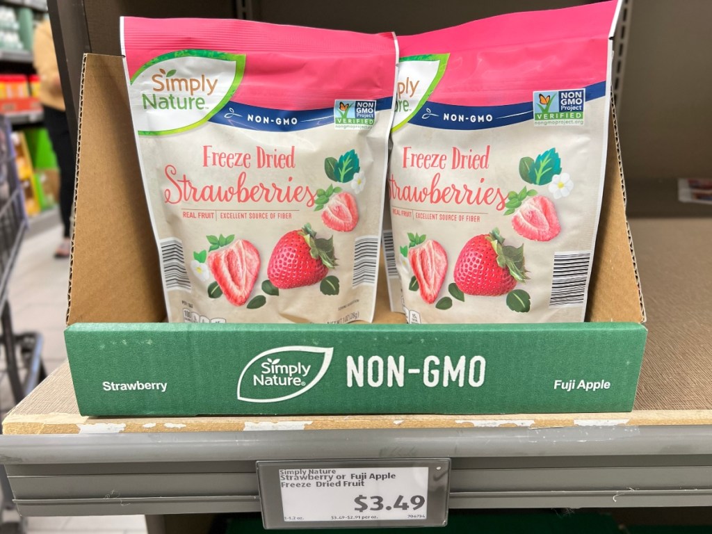 bags of freeze dried strawberries on shelf