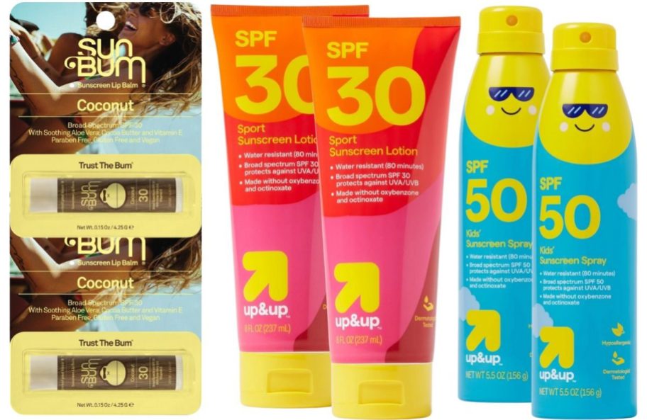 sum bum lip balm and up & up sunscreen cream and spray