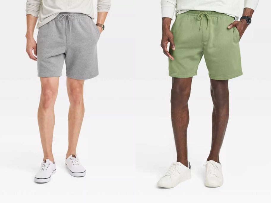 two models wearing men fleece shorts over white background