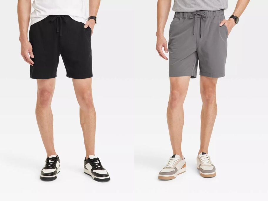 two models wearing pull on shorts over white background