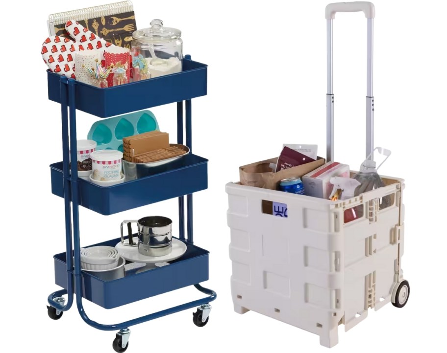 a rolling storage cart shown with a foldable wheeled cart