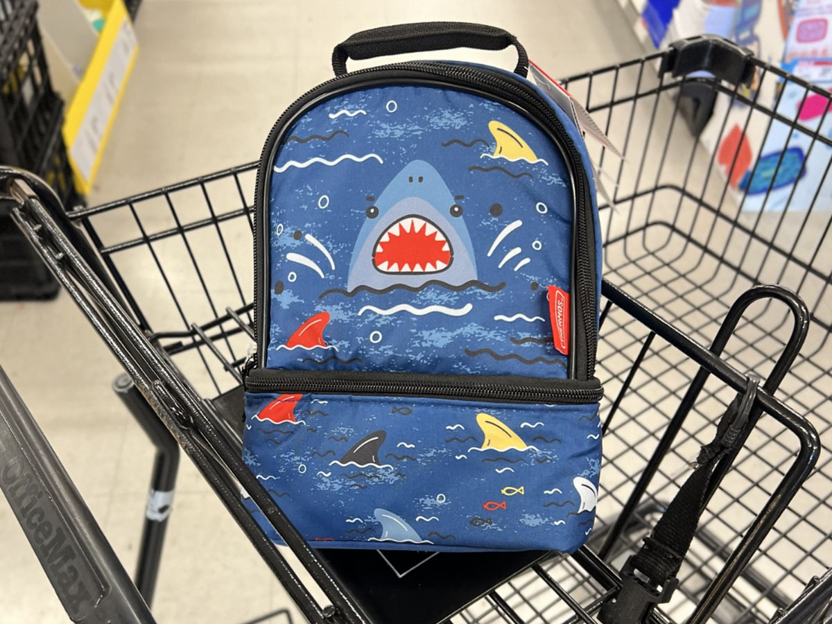 blue shark lunchbox in shopping cart
