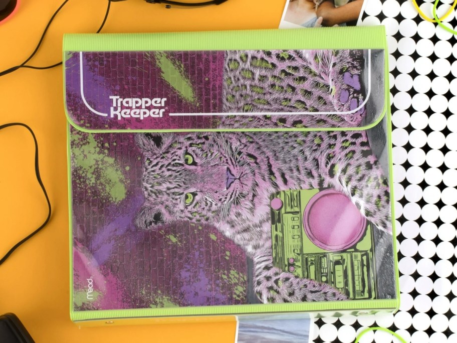 Trapper Keeper with neon green, purple, pinks, blacks and Cheetah design