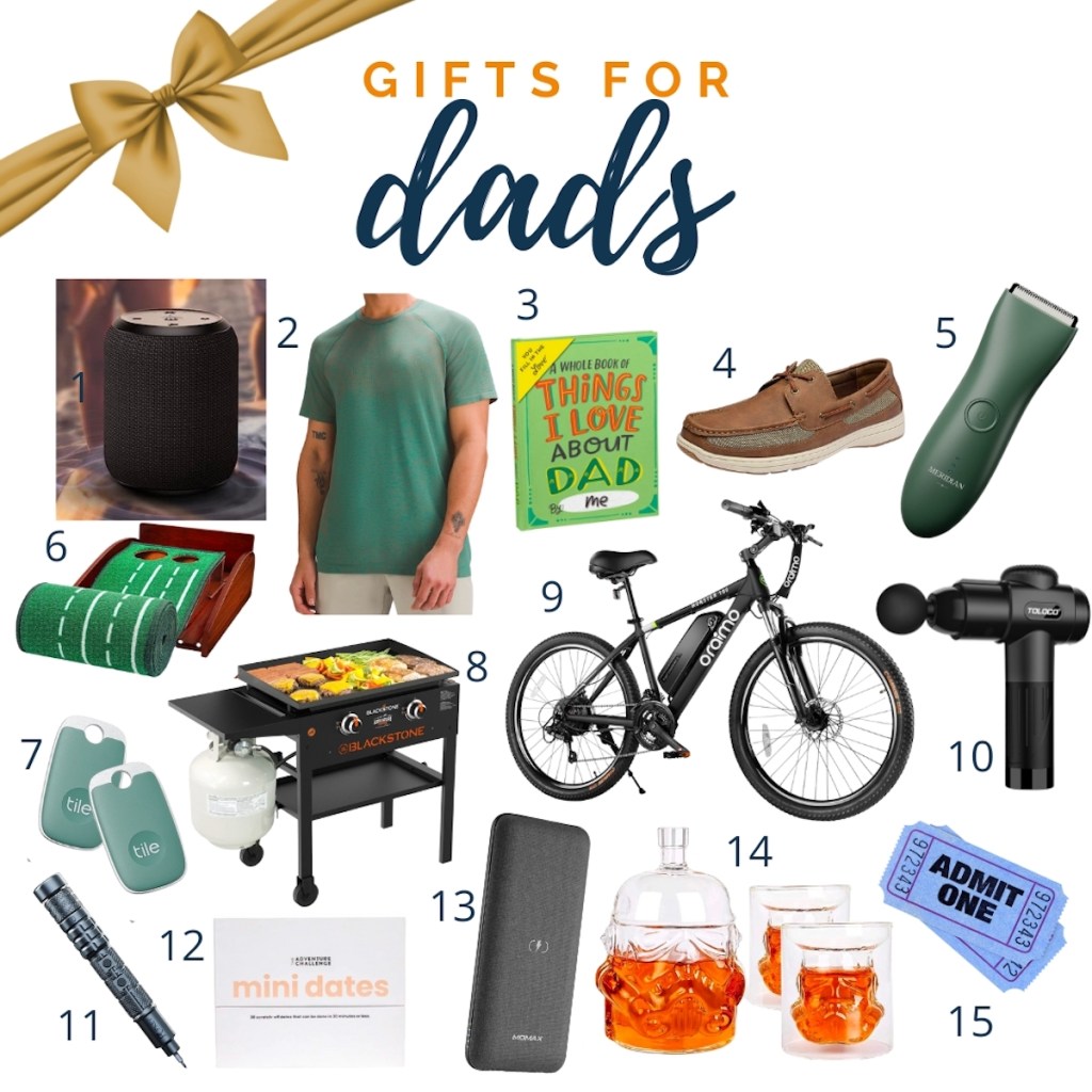 gift guides for dads graphic with various stock images of gifts