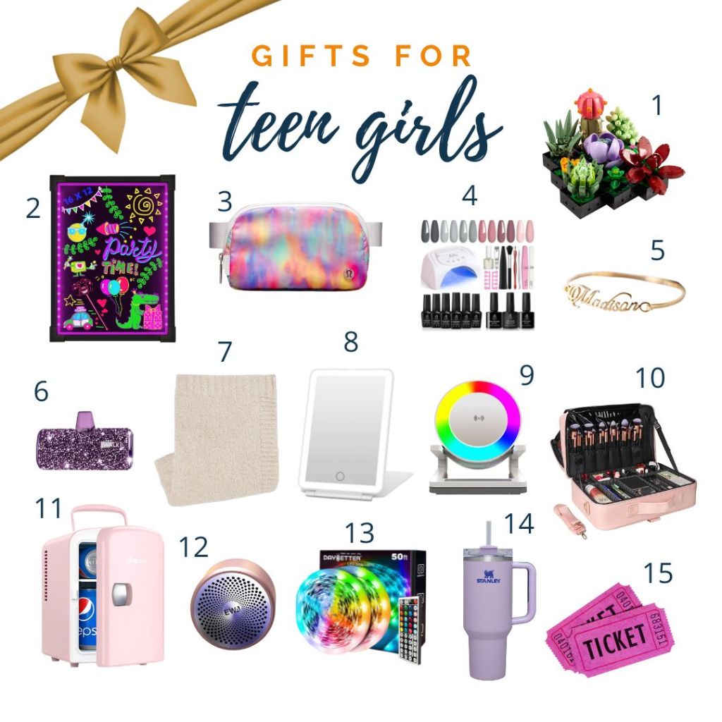 graphic showing pictures of 15 different gift ideas for teen girls
