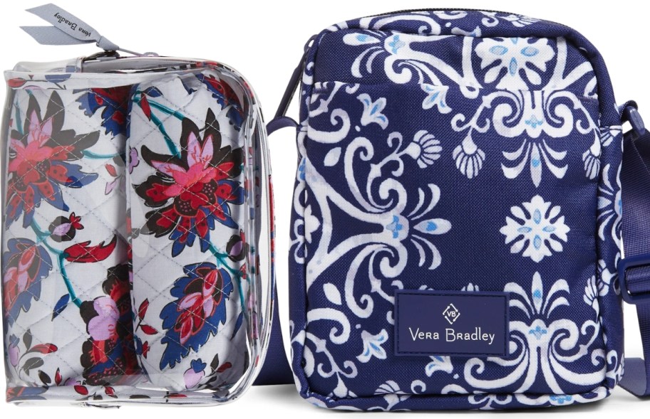 a white and red and pink floral cosmetic pouch with accessory bags and a blue medallion print crossbody bag