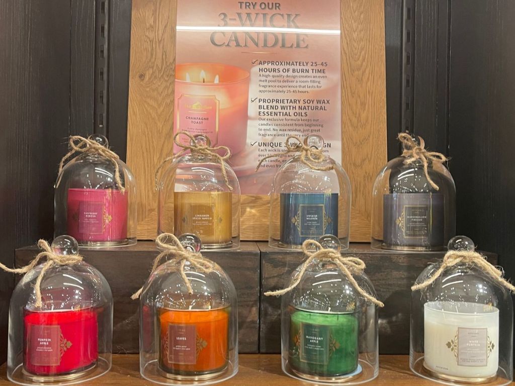 Display of Bath & Body works 3-wick candles