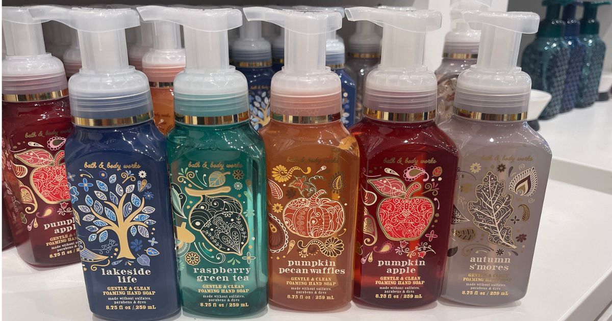 5 bottles of Bath & Body Works Fall Hand Soaps on display in store