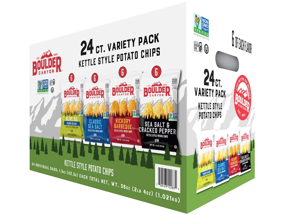 variety pack box of Boulder Canyon Kettle Chips