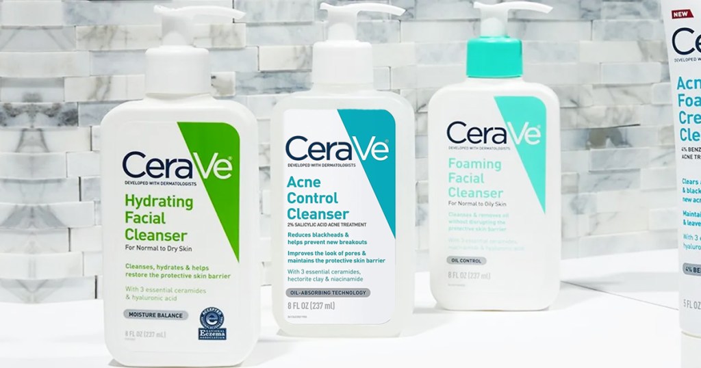 multiple bottles of cerave cleansers in a row