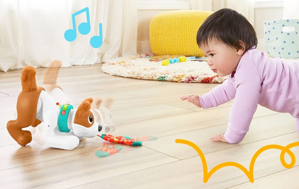 baby crawling on floor playing with Fisher-Price 1-2-3 Crawl with Me Puppy