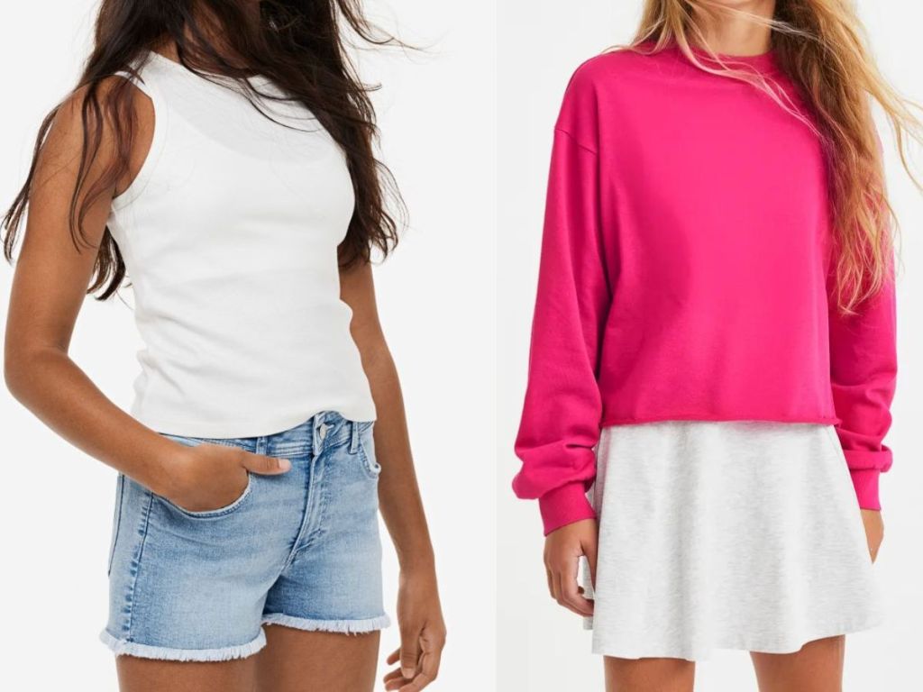 a girl in a denim pair of shorts, a girl in a pink sweater and a white skirt 