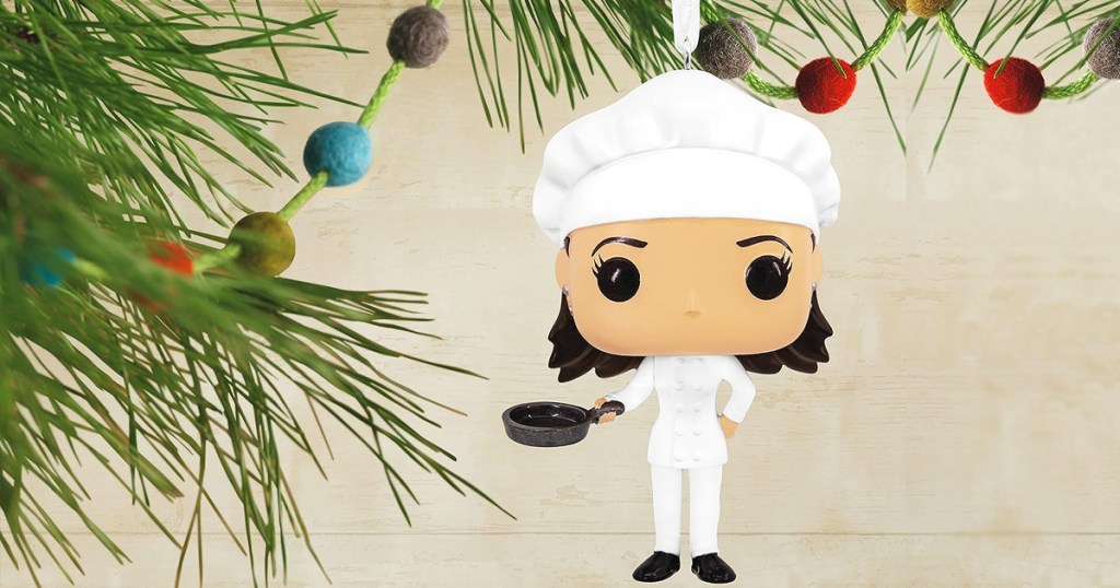 Chef Monica Geller ornament hanging from tree