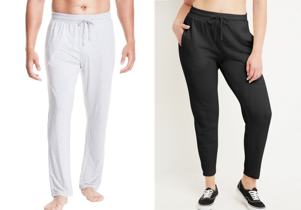 man in grey pajama pants and woman in black joggers