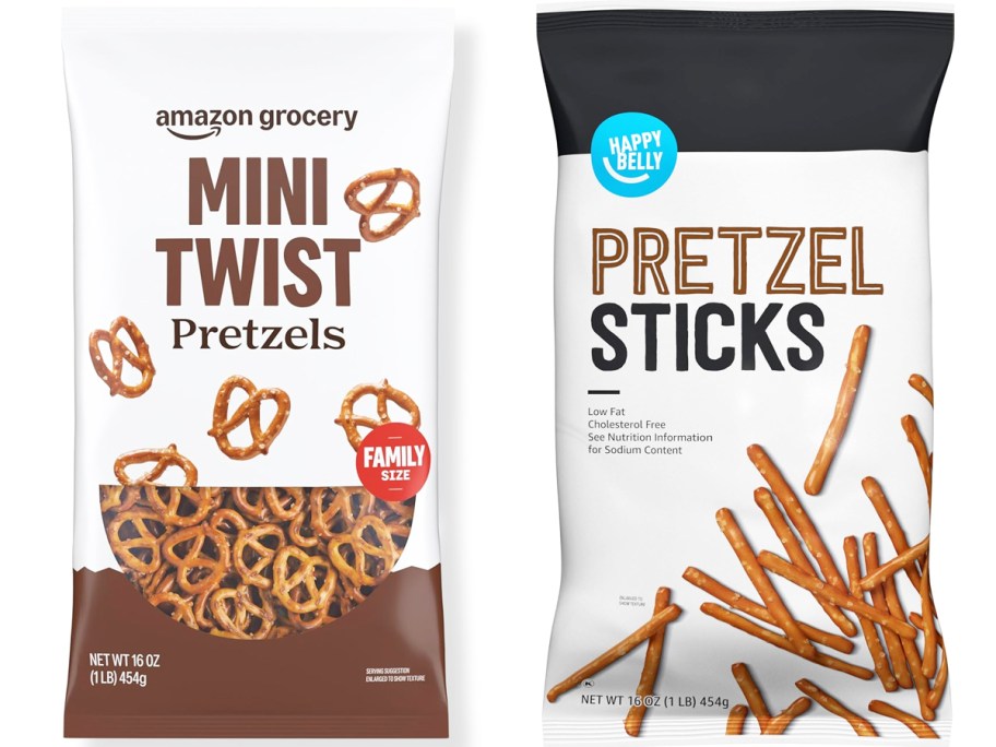 two bags of Happy Belly Pretzels