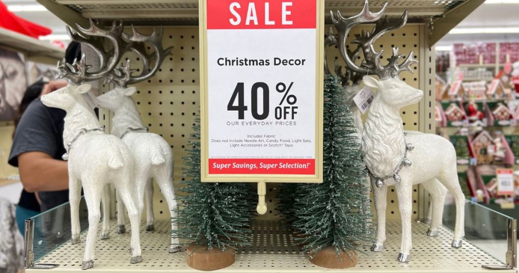White Deer Christmas Decorations at Hobby Lobby with 40% off Sign