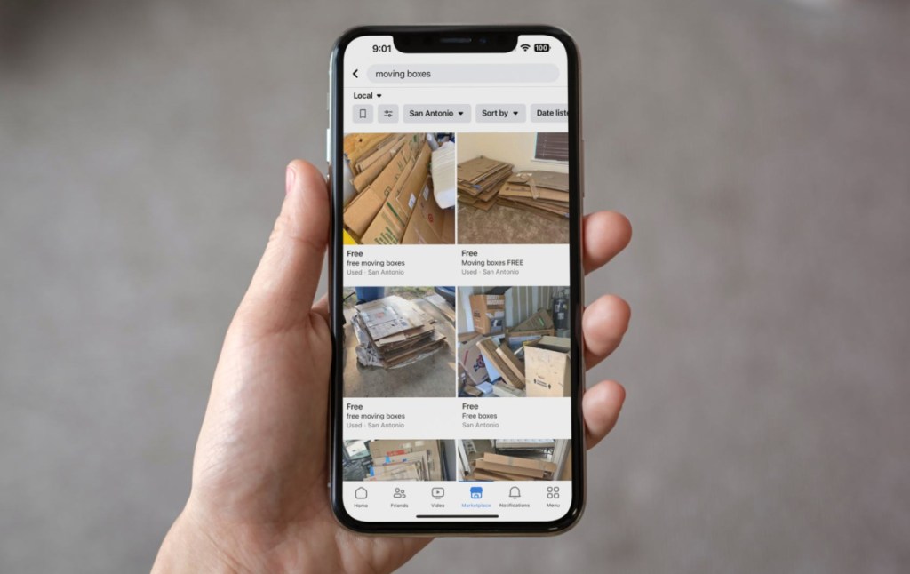 Facebook Marketplace showing ads for FREE moving boxes near me