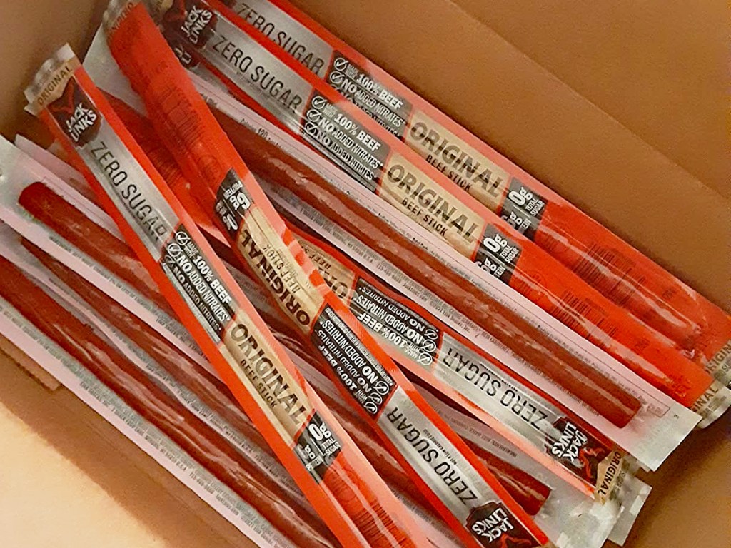 Jack Link's Zero Sugar Beef Sticks in a cardboard box