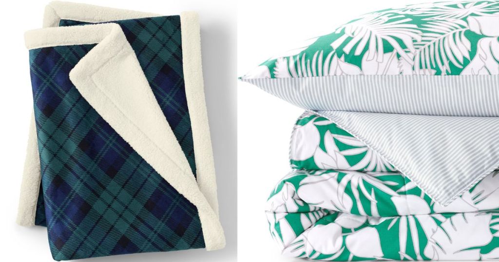 Lands End throw blanket in green plaid and comforter with white and green leaves on it 
