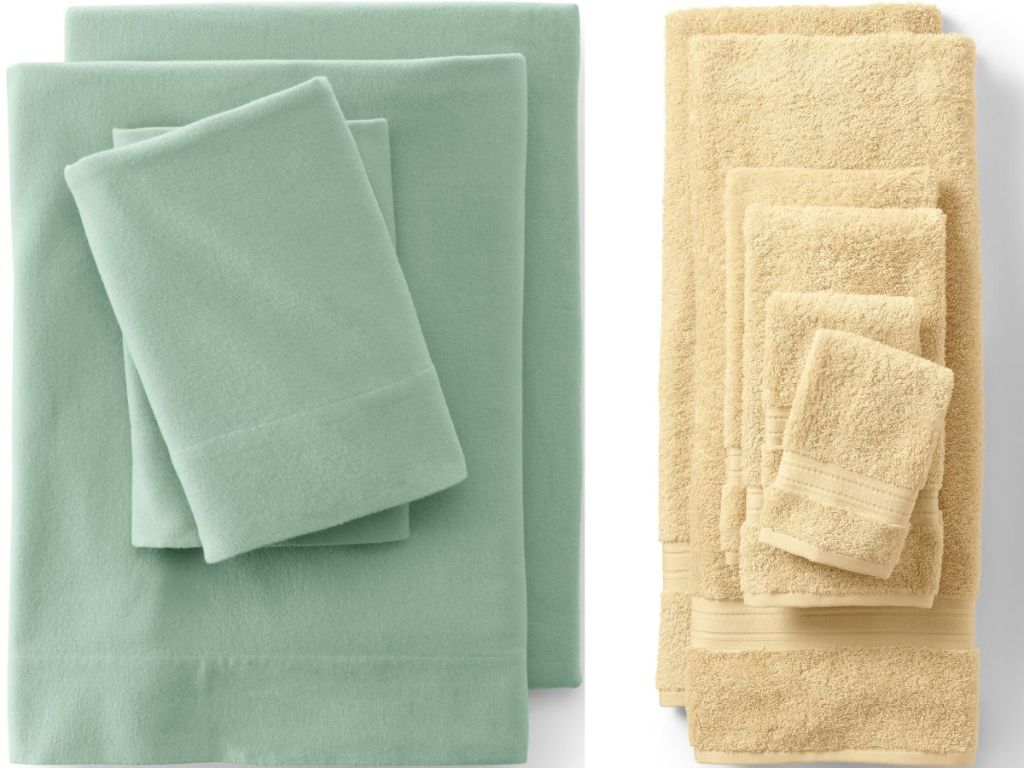 Lands end green set of sheets and yellow set of towels