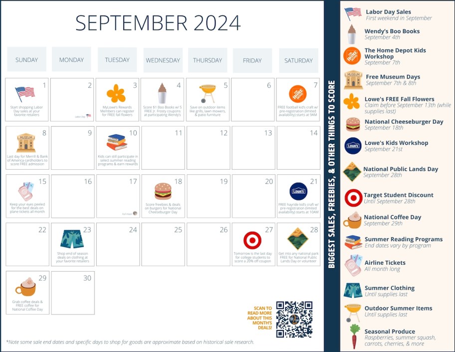 september 2024 sales calendar with various deals freebies and sales to shop and score