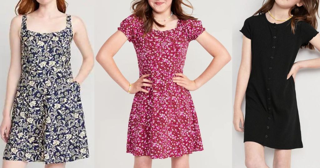 Stock images of a woman and two girls wearing old navy dresses