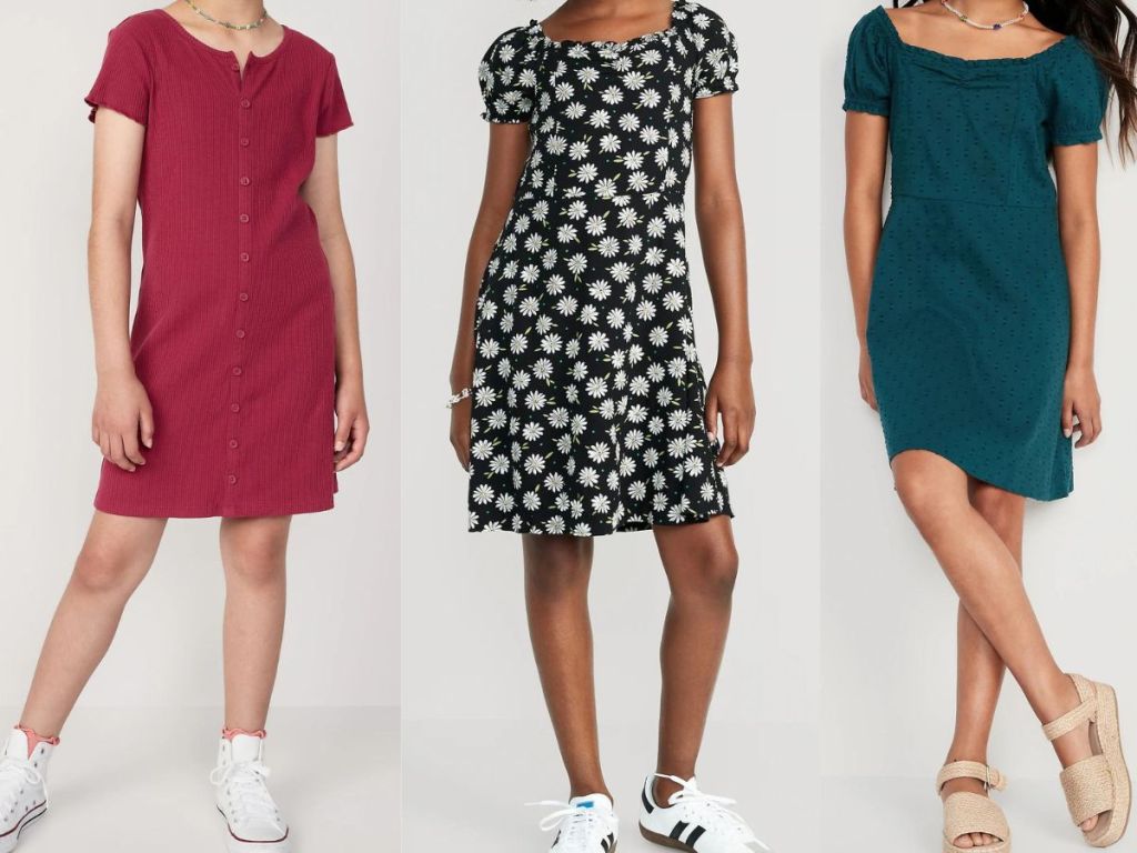 stock images of 3 girls wearing old navy dresses