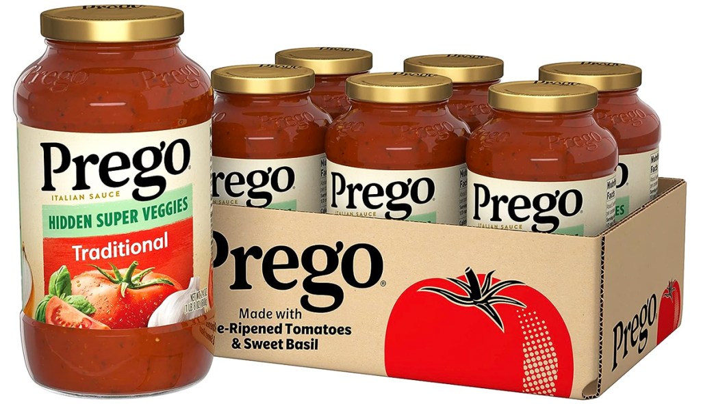 jar and box of Prego Hidden Super Veggies Traditional Pasta Sauces