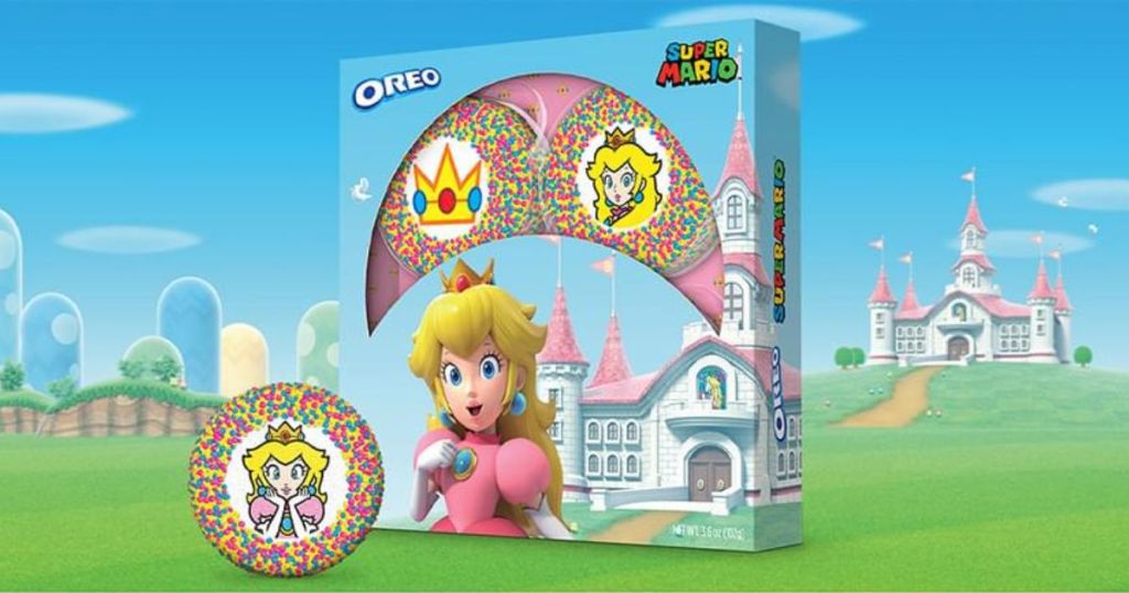 A box of Princess Peach Oreos in a Mario land 