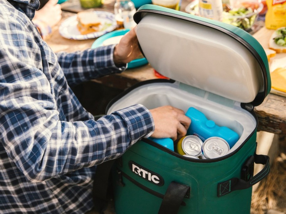 hand holding cans in green cooler on picnic bench