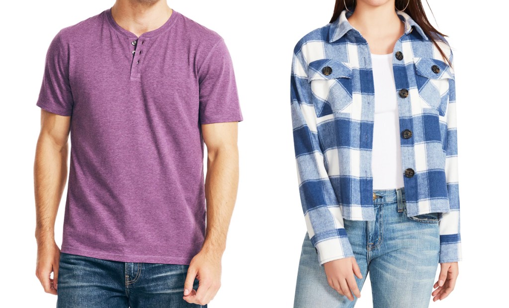 man in pink tee and woman in white and blue plaid shacket
