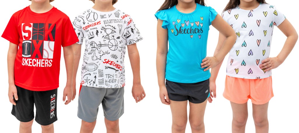 boys and girls modeling skechers tops and shorts sets