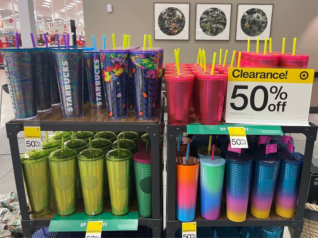 starbucks tumblers on store shelf in target