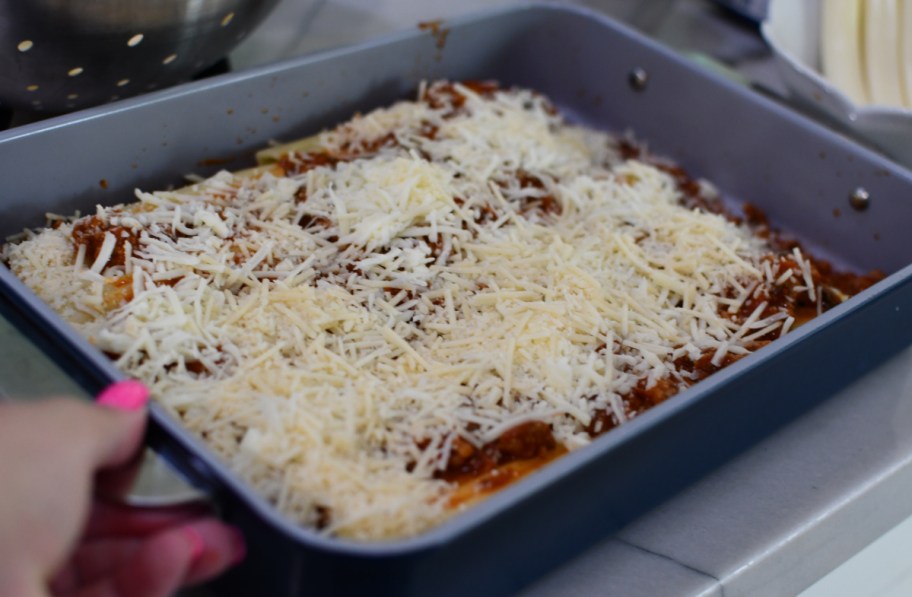 String Cheese Stuffed Manicotti recipe in a casserole dish