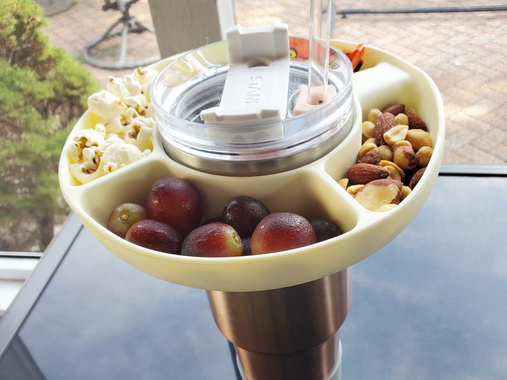 Silicone Snack Bowl on top of a stanley tumbler