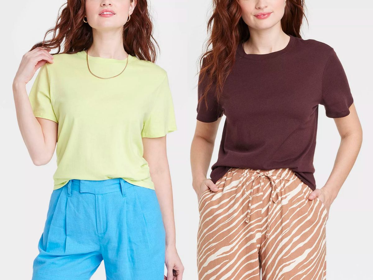two women modeling lime green and brown basic tees