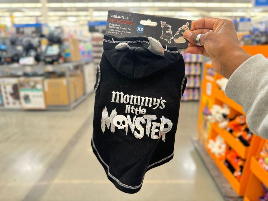 Vibrant Life Mommy's Little Monster Halloween Pet Hoodie in hand in store