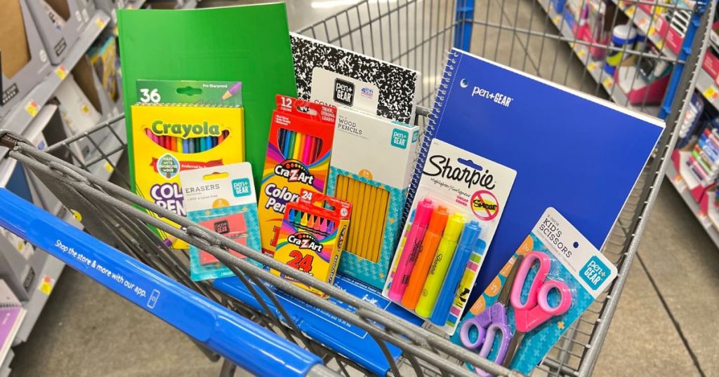 Shopping cart filled with School Supplies at Walmart